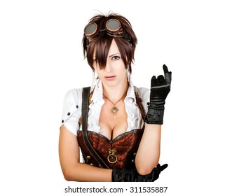 Portrait Of A Sexy Steampunk Woman With Big Breast Wearing Vintage Corset And Retro Goggles