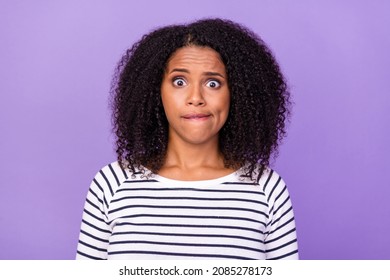 Portrait of shocked amazed stressed girl staring hear unexpected news information isolated on violet color background