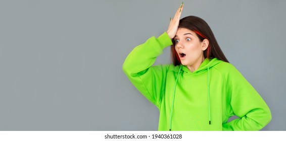 Portrait Of Shocked, Annoyed Young Stylish Girl Taking Care Of New Employee, Facepalm, Do Eye Roll And Punch Forehead Sighing Bothered, Have Lots Of Troubles, Stand Gray Background