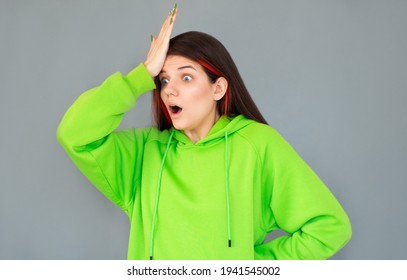 Portrait Of Shocked, Annoyed Young Stylish Girl Taking Care Of New Employee, Facepalm, Do Eye Roll And Punch Forehead Sighing Bothered, Have Lots Of Troubles, Stand Gray Background