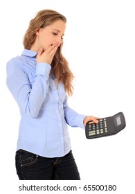 Portrait Of A Shocked Young Girl After Crunching Numbers. All On White Background.