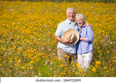 Portrait shot of an elderly couple smiling at the camera while standing among wildflowers in a sunny meadow.