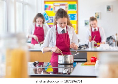 Portrait Shot Of A High School Girl In Apron Cooking During A Home Economics Class.