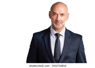 Portrait Shot Of Middle Aged Businessman Wearing Suit And Tie While Standing At Isolated White Background. Copy Space.