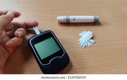 Portrait Showing Blood Sugar Pressure Monitor, Patient Diabetes Take Proactive Control, Concept Health Care.