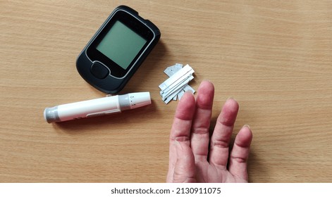 Portrait Showing Blood Sugar Pressure Monitor, Patient Diabetes Take Proactive Control, Concept Health Care.