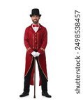 Portrait of showman in red costume and hat on white background