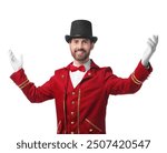 Portrait of showman in red costume and hat on white background