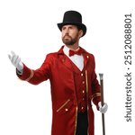 Portrait of showman in red costume and hat on white background