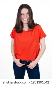 Portrait Slim Young Woman Isolated On White Background In Jeans And Red Shirt Student Girl