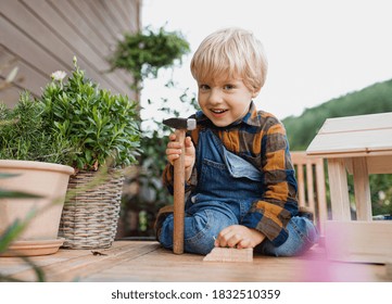 Portrait Of Small Boy Outdoors On Table Constructing Birdhouse, Diy Project.