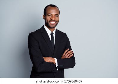 Portrait of smart afro american man leader investor cross hands ready decide solution wear jacket isolated over gray color background