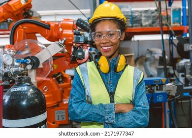 Portrait Smart Woman Worker Black African Teen Girl Happy Smiling In Modern Factory