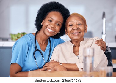 Portrait, smile and assisted living caregiver with an old woman in a retirement home together. Healthcare, support or community with a happy nurse or volunteer and senior patient hugging in a house - Powered by Shutterstock