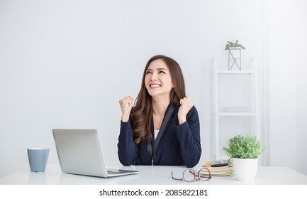 Portrait of smile beautiful business asian woman suit working office desk computer. Small business sme people employee freelance online start up marketing  designer telemarket successful banner