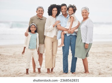 Portrait, smile and big family at beach on vacation, holiday or travel outdoor in summer. Happy parents, grandparents and kids at ocean for care, children bonding and love connection together at sea - Powered by Shutterstock