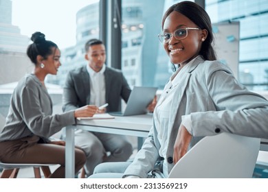 Portrait, smile and black woman, lawyer and meeting in office workplace. Face, intern and business entrepreneur or African female law professional with confidence, career pride or mindset at work