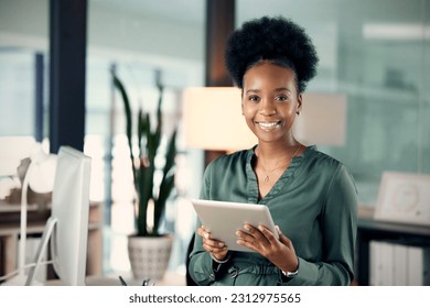 Portrait, smile and black woman with tablet, designer and creative in office. Technology, face and African female entrepreneur or design professional from South Africa with pride for business career. - Powered by Shutterstock