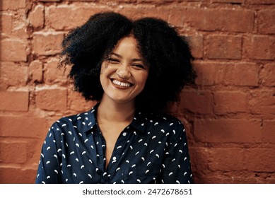 Portrait, smile and business woman on brick wall for career or job at creative startup company. Face, happy entrepreneur and confident professional employee, worker and expert copywriter in Brazil - Powered by Shutterstock