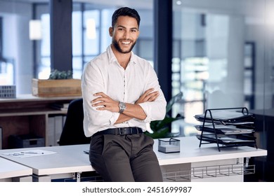 Portrait, smile and businessman with arms crossed in office, company and male person in workplace for career in Dubai. Confidence, professional advisor and happy employee or entrepreneur work at job - Powered by Shutterstock