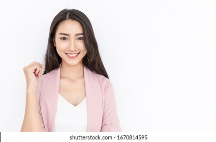 Portrait Smile Confident Asian Business Designer Woman Pink Suit Office. Asian Business Girl Startup Successful Power Business Leader Women Executive People Looking Camera Copyspace Isolated On White