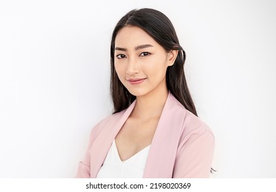 Portrait Smile Confident Asian Business Designer Woman Pink Suit Office. Asian Business Girl Startup Successful Power Business Leader Women Executive People Looking Camera Copyspace Isolated On White