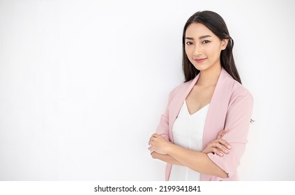 Portrait Smile Confident Asian Business Designer Woman Pink Suit Office. Asian Business Girl Startup Successful Power Business Leader Women Executive People Looking Camera Copyspace Isolated On White