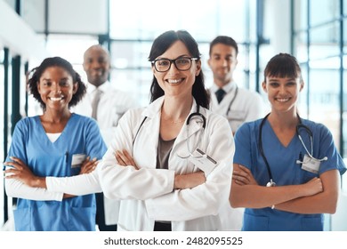 Portrait, smile or confident doctors with arms crossed in hospital for healthcare services or about us. Leadership, medical professional or proud nurses with support at wellness clinic for nursing - Powered by Shutterstock