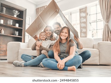 Portrait, smile and family with cardboard roof for house insurance, security protection and property investment. Happy, parents and kids with shelter gesture for mortgage loan, support and future - Powered by Shutterstock