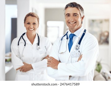 Portrait, smile and medical team in lobby for healthcare, professional and pride in hospital. Mature doctors, support and about us in corridor for cardiology, medicare and expertise in clinic - Powered by Shutterstock