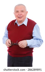 Portrait Of Smile Senior Old Teacher Man Holds Glasses, Looking At Camera, Wearing Cardigan Marsala Color And Shirt, Isolated On White. Human Emotions And Facial Expressions. Education Concept