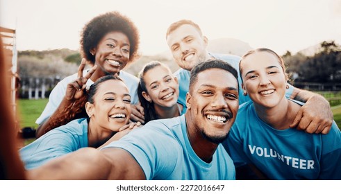 Portrait, smile and volunteer group selfie outdoors for climate change, charity cleaning and recycling. Earth day, community service and happy people laughing and taking photo with peace sign at park - Powered by Shutterstock