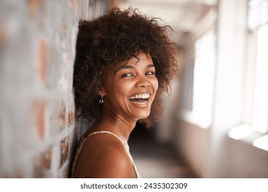 Portrait, smile and woman by brick wall at college for education, learning or funny laugh in corridor alone. Face, student and happy girl in hallway of university for profile picture in South Africa - Powered by Shutterstock