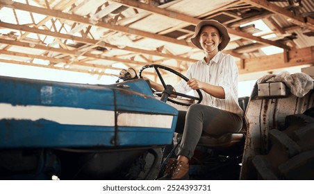 Portrait, smile and woman with tractor on farm for agriculture transport, greenhouse and crops harvest. Happy, girl and drive with machine truck for farming production, sustainable industry and agro - Powered by Shutterstock