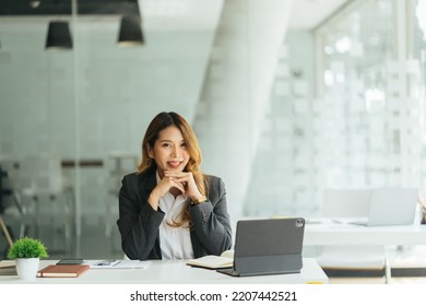 Portrait Of Smiling Beautiful Business Asian Woman Working In Office Use Computer With Copy Space. Business Owner People Sme Freelance Online Marketing E-commerce Telemarketing, Work From Home Concept