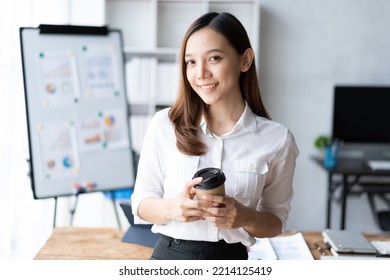 Portrait Of Smiling Beautiful Business Asian Woman Working In Office Use Computer With Copy Space. Business Owner People Sme Freelance Online Marketing E-commerce Telemarketing, Work From Home Concept