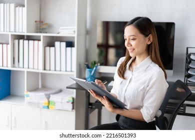 Portrait Of Smiling Beautiful Business Asian Woman Working In Office Use Computer With Copy Space. Business Owner People Sme Freelance Online Marketing E-commerce Telemarketing, Work From Home Concept