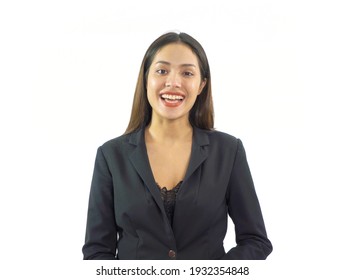 Portrait Of Smiling Business Asian Woman On White, Thai Person Talking To Her Colleagues In Webcam Group Video Call Conference Online In Quarantine In Corona Virus Pandemic.