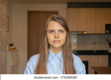 Portrait Of Smiling Business Blonde, White Woman Person Working From Home And Talking To Her Colleagues In Webcam Group Video Call Conference On Internet Online In Quarantine In Corona Virus Pandemic.