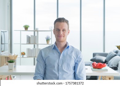 Portrait Of Smiling Business Blonde, White Man Person Working From Home And Talking To Her Colleagues In Webcam Group Video Call Conference On Internet Online In Quarantine In Corona Virus Pandemic.