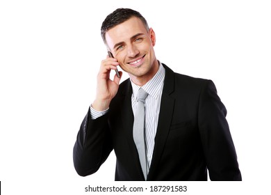 Portrait of a smiling businessman with phone isolated on white background