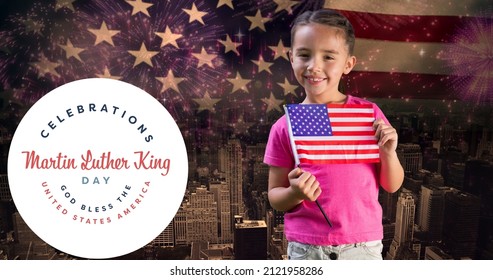 Portrait Of Smiling Caucasian Girl Holding America Flag By Martin Luther King Jr Day. Digital Composite Of Celebration.