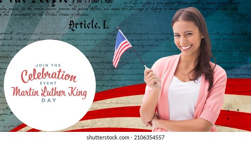 Portrait Of Smiling Caucasian Woman Holding America Flag By Martin Luther King Jr Day. Digital Composite Of Celebration.