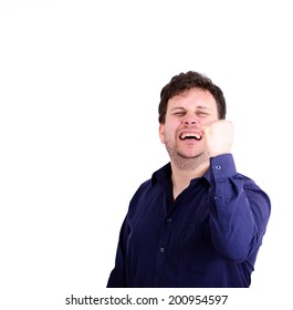 Portrait Of Smiling Chubby Man With Fists Up Isolated On White