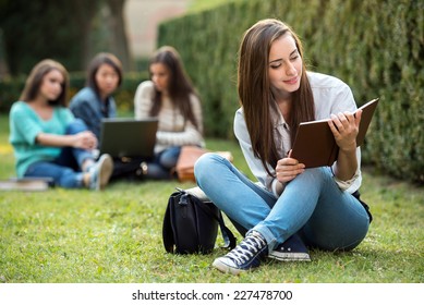 Portrait of a smiling college girl is holding book with blurred students are sitting in the park.