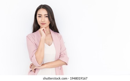 Portrait Smiling Confident Asian Business Design Woman Pink Suit Office. Asian Business Girl. Startup Successful Power Business Leader Women Executive People Looking Camera Copyspace Isolated On White