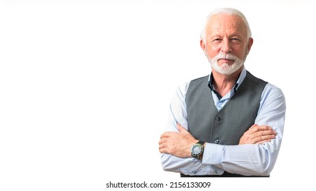 Portrait Of Smiling Confident Older Business Man Or Successful Company Owner With Short Stylish Beard Looking Straight At The Camera. Copy Space