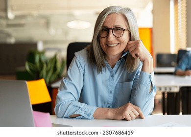 Portrait of smiling confident senior businesswoman, real estate agent, looking at camera in modern office. Gray haired manager wearing stylish eyeglasses sitting at workplace. Successful business  - Shutterstock ID 2307686419