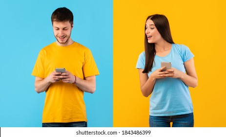 Portrait Of Smiling Curious Woman Using Smartphone, Looking And Peeking At Her Boyfriend's Phone. Guy Chatting Online, Typing Sms, Browsing Social Media, Standing On Yellow And Blue Studio Background