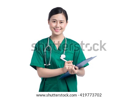Portrait of a smiling doctor or nurse. Medical Record. Female doctor holding a clipboard - isolated over a white background